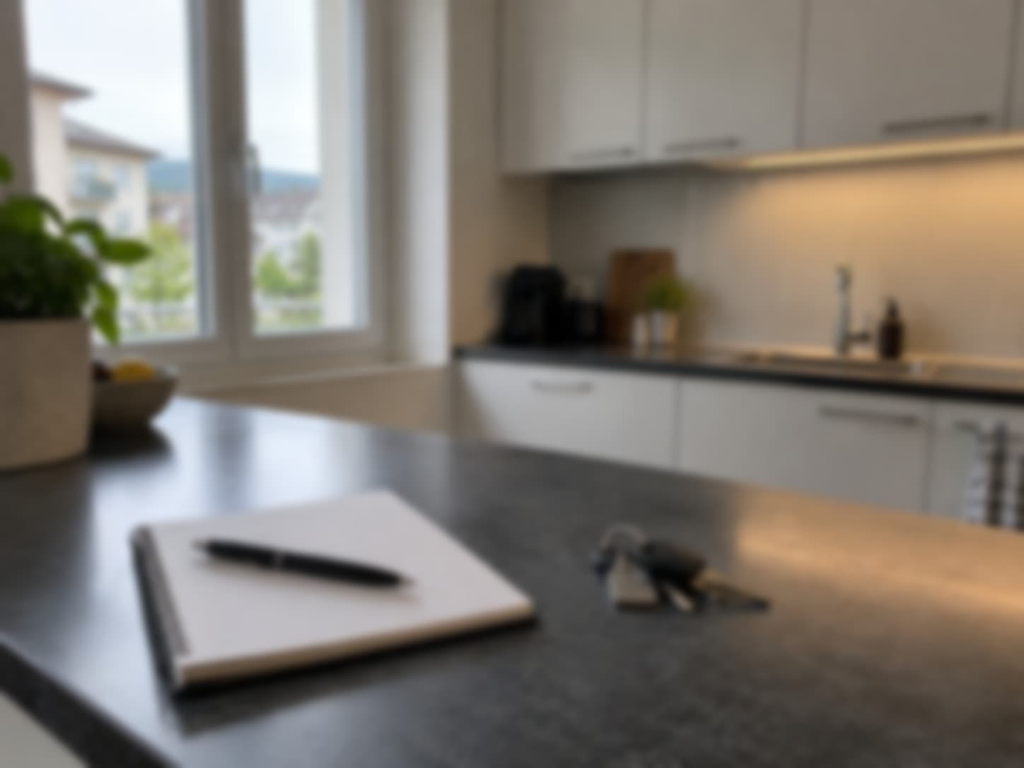 Carnet et clés sur un plan de cuisine